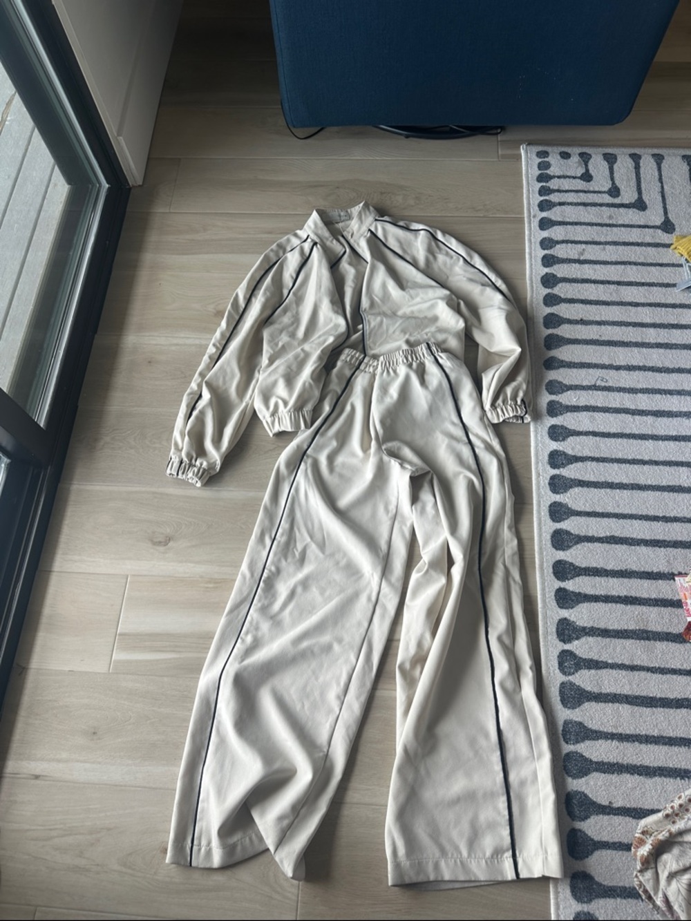 Zara Cream Wide-Leg Trousers with Black Piping